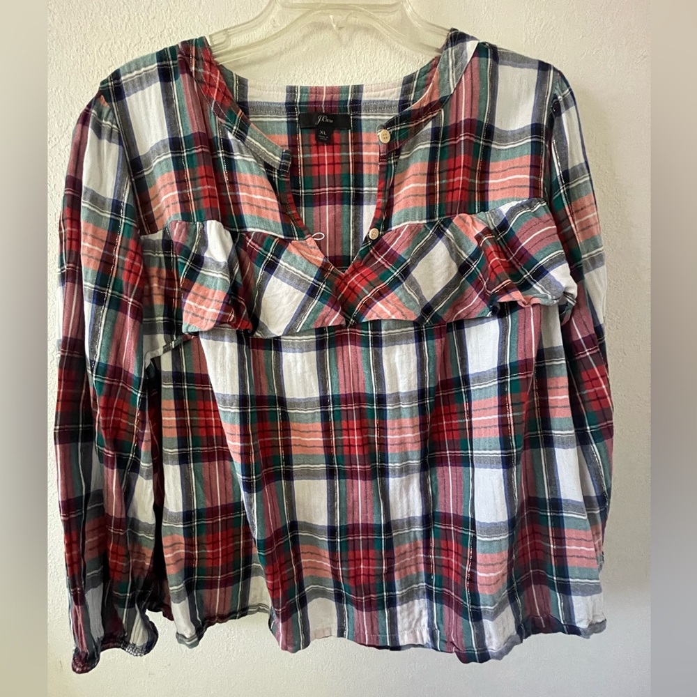 Bundle 3 for $12 🖤 J. Crew Plaid Ruffled Long Sleeve Blouse
